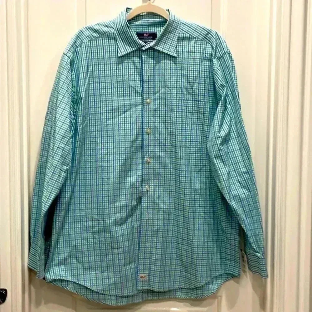VINEYARD VINE GREEN BLUE CHECKED LONG SLEEVE SHIRT. LARGE BEACH DATE WEDDING